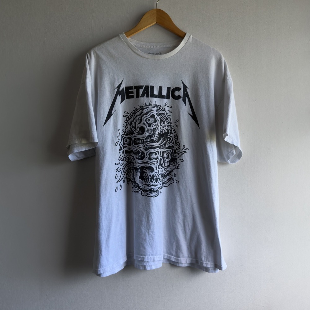 Metallica Pushead Skull Graphic Tee Mens 2XL White Rock Band T-Shirt Grunge
